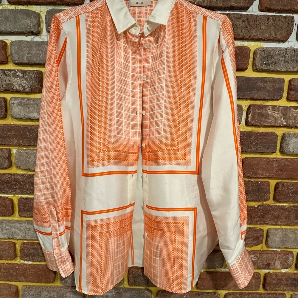 Celine Orange and White Casual Button Down Shirt with Geometric Pattern
